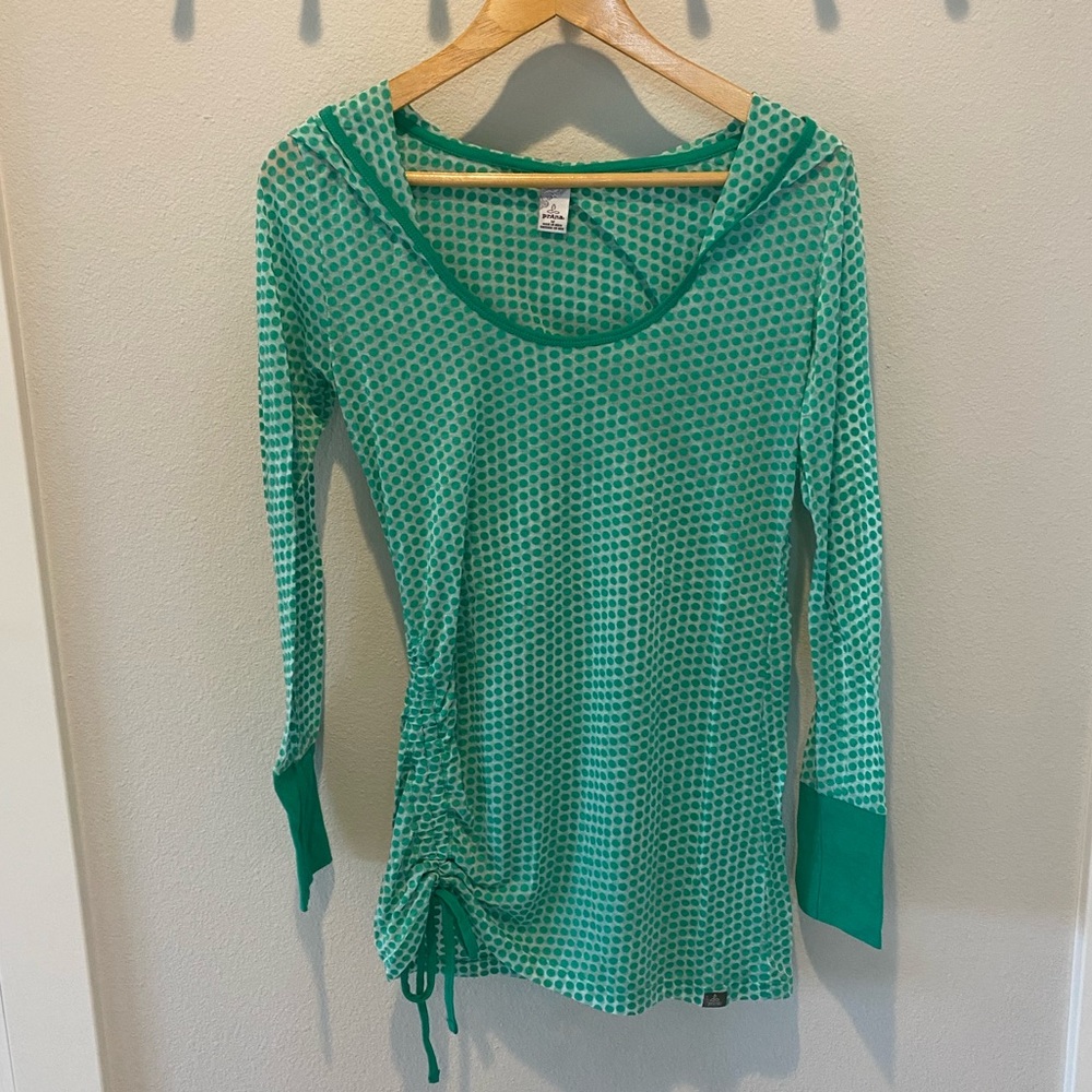 Prana | green polk a dot long sleeve hooded top | sheer | size M | gently worn